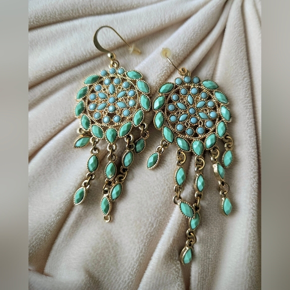 Jewelry - Equisite Gold and Turquoise Dream Catcher Drop Earrings